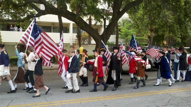 Frederica Academy Wax Museum participants in parade.jpg